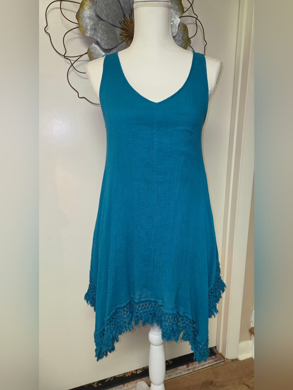 Umgee Teal V-Neck Sleeveless Cover-Up with Crochet Fringe